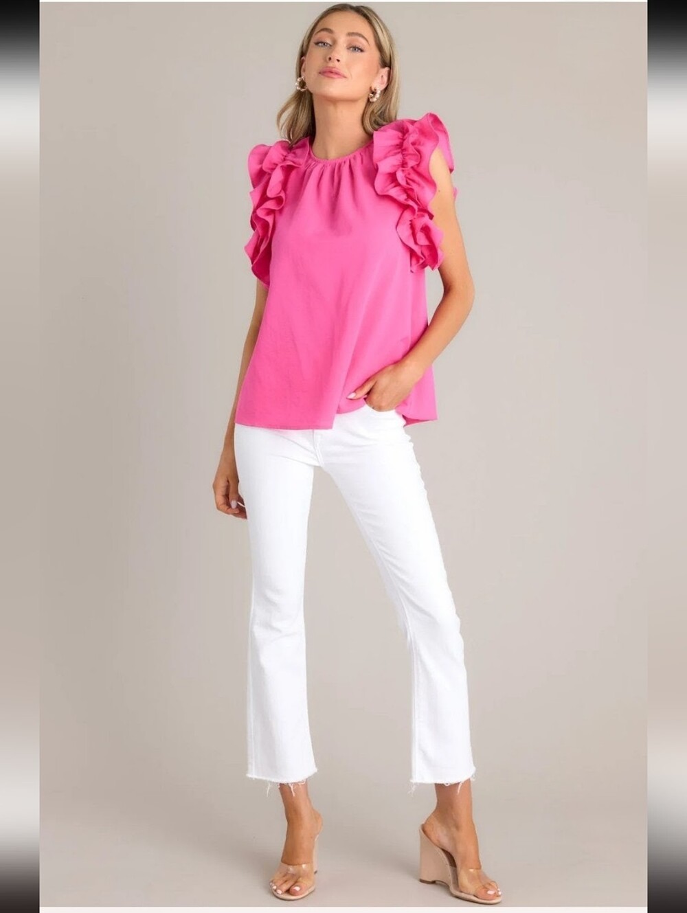 Entro Dawn of My Heart Hot Pink Ruffled Sleeve Flutter Top Blouse Small - Picture 8 of 12